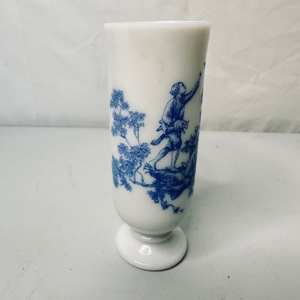 Vintage Milk Glass Blue Toile Pastoral Scene Footed Mug Tall Cup Pedestal Base